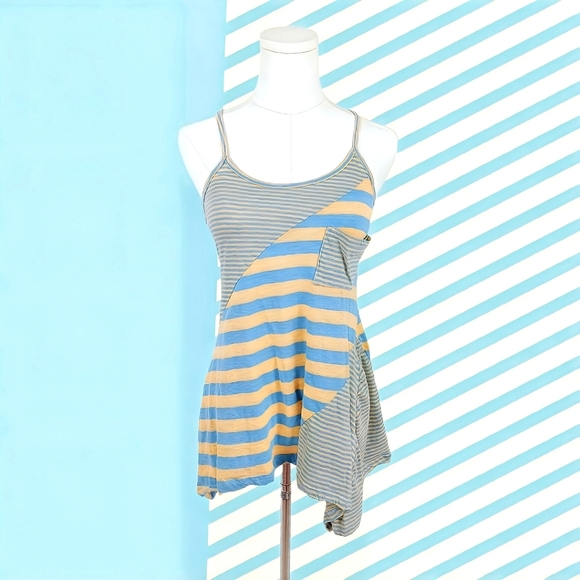 Shelly Blue Striped Bohemian Tank Top M Handkerchief Hem Yellow Asymmetrical - Picture 1 of 5